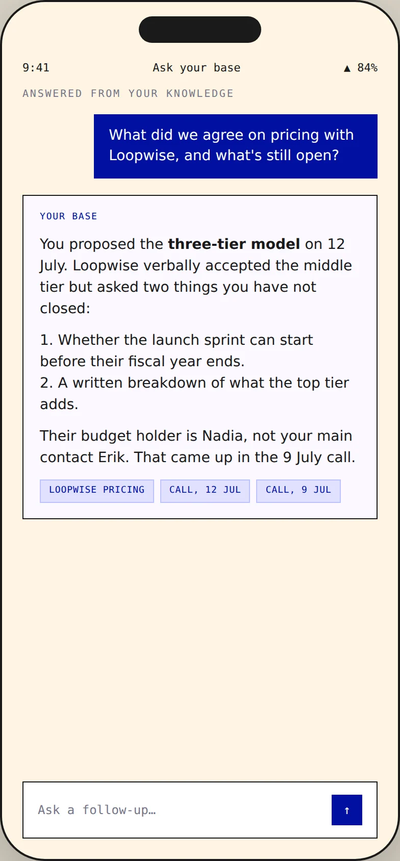 Phone screen answering a question about a client's pricing from the user's own notes, with the source documents cited.