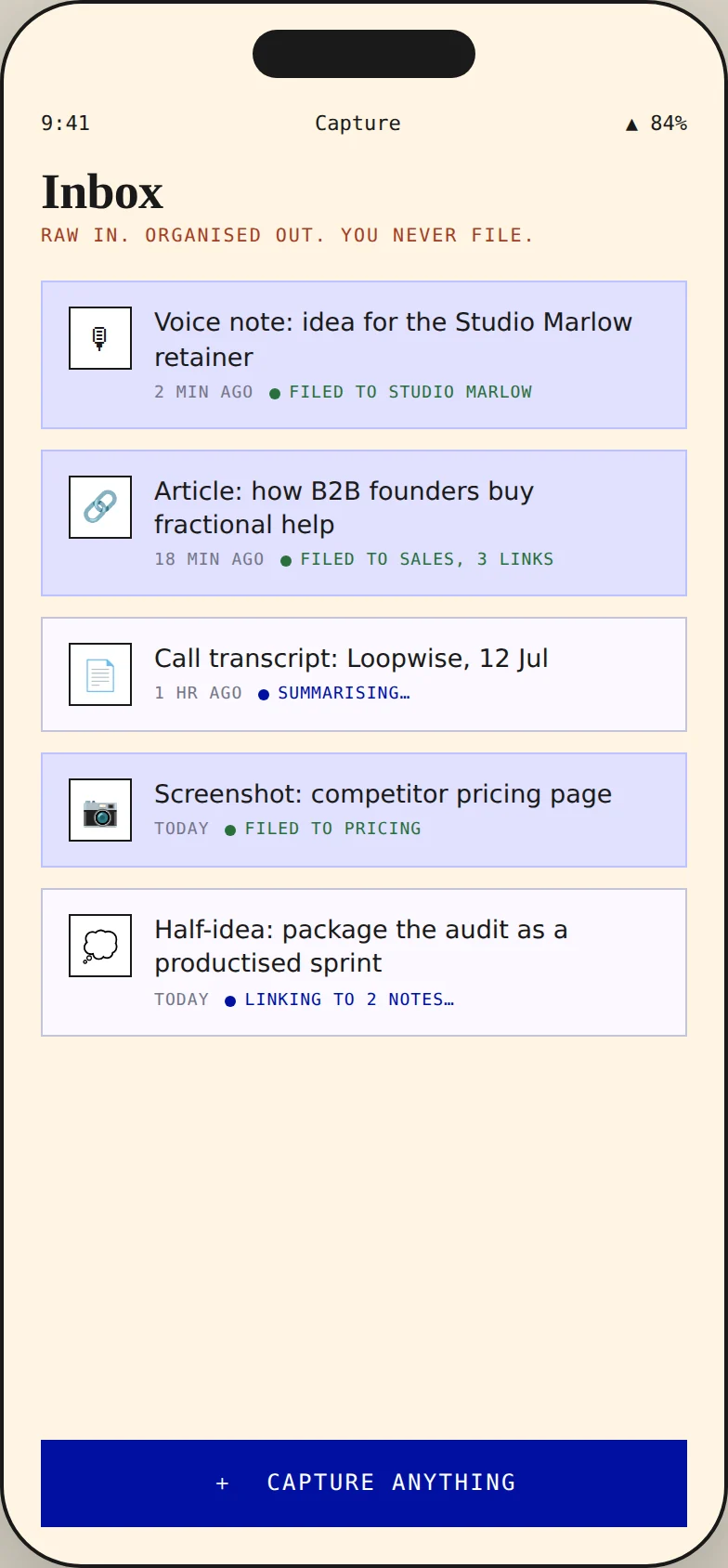 Capture inbox on a phone: voice notes, links, transcripts and screenshots being filed automatically.