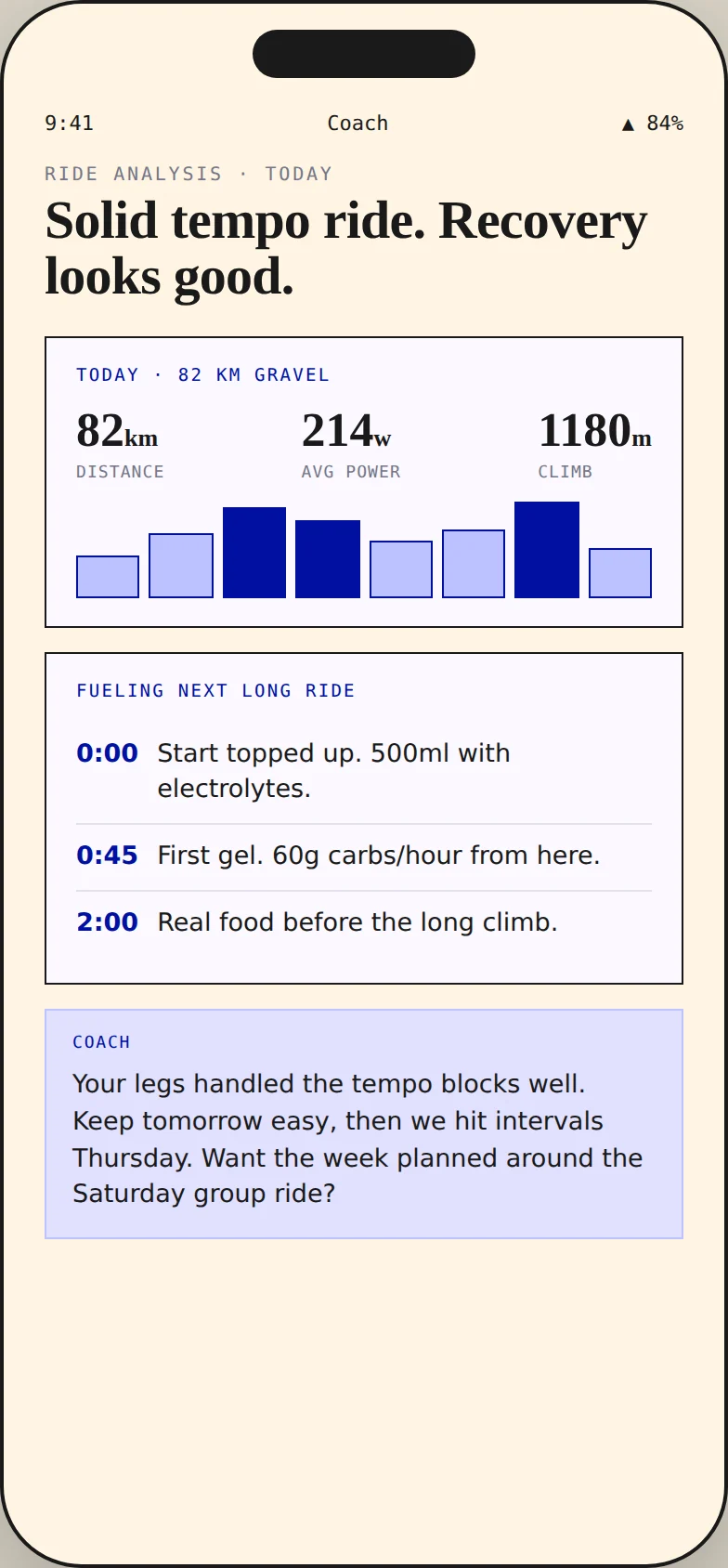 Phone screen analysing a gravel ride with distance, power and climbing, plus a fuelling plan for the next long ride.
