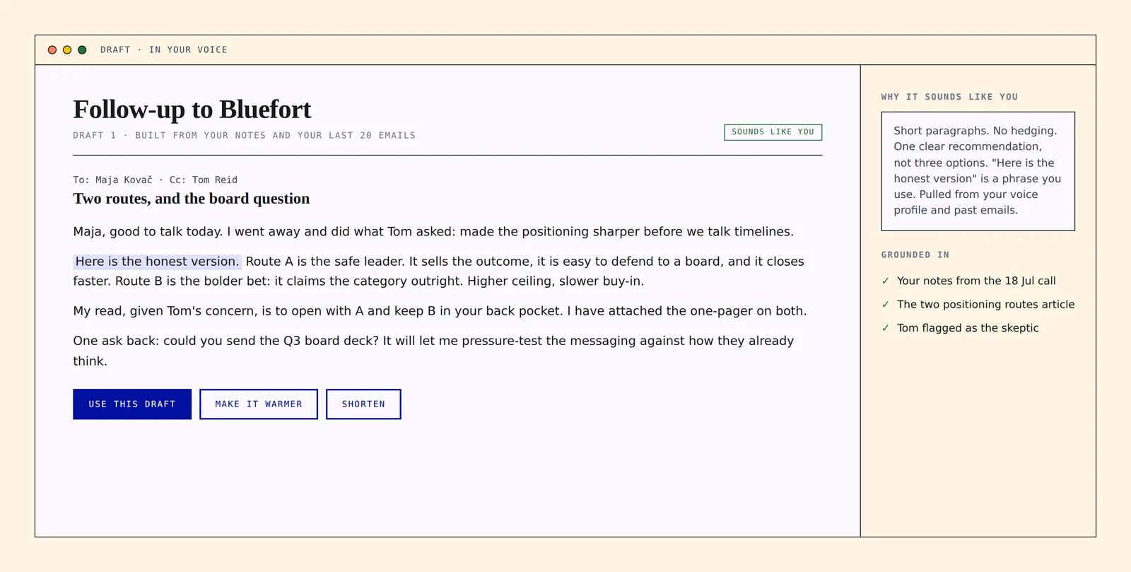 Email draft written in the user's own voice, with a panel explaining which phrasing habits and sources it was built from.