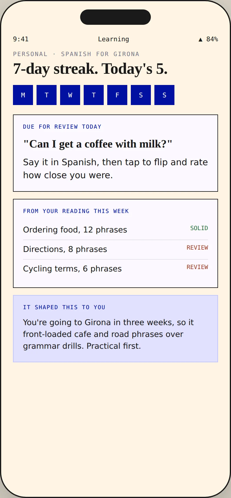 Phone screen with a Spanish practice streak, phrases due for review, and a note explaining it front-loaded travel phrases.