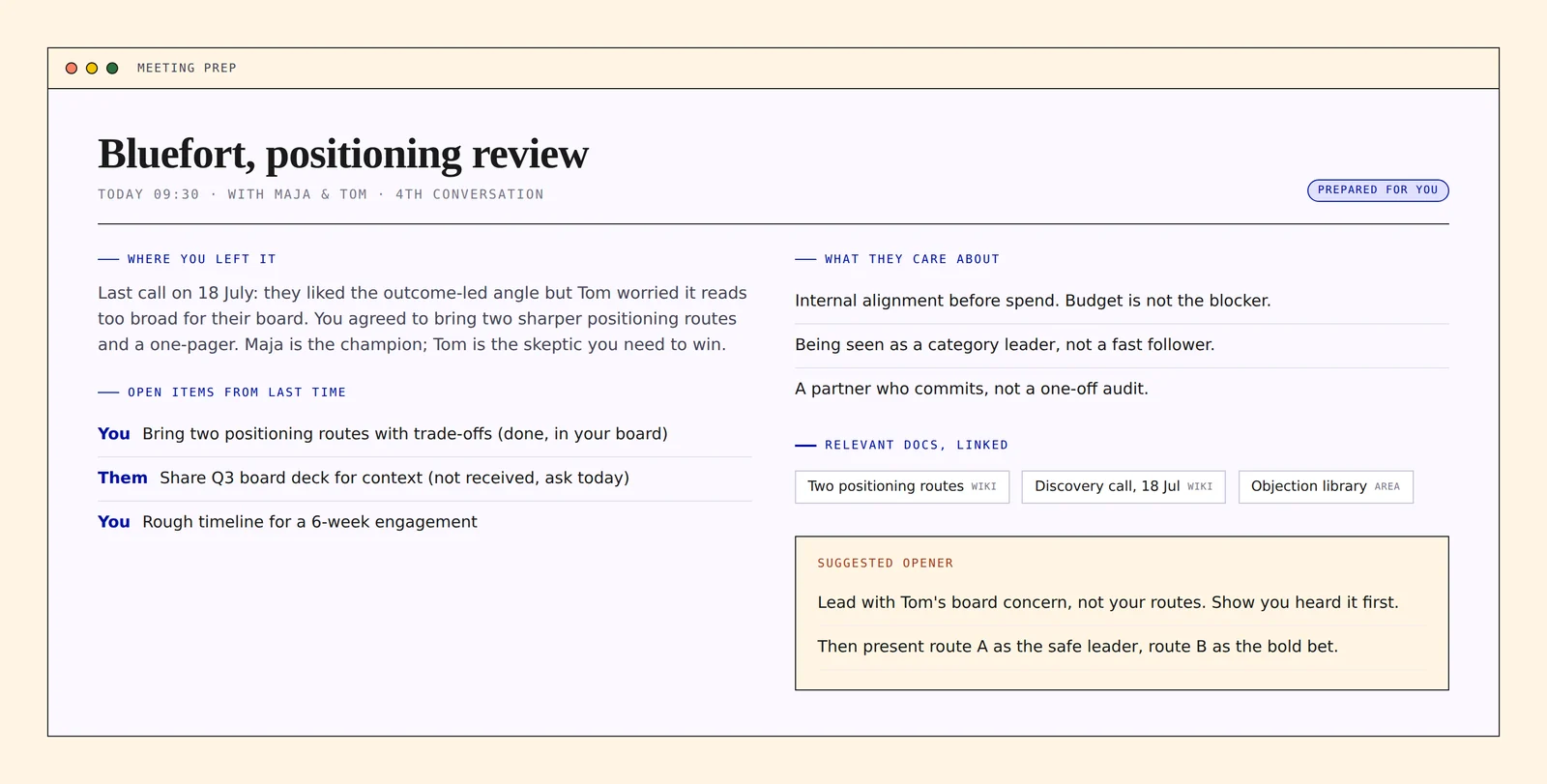 Meeting prep screen: where the last call left off, open items from both sides, what the client cares about, and a suggested opener.