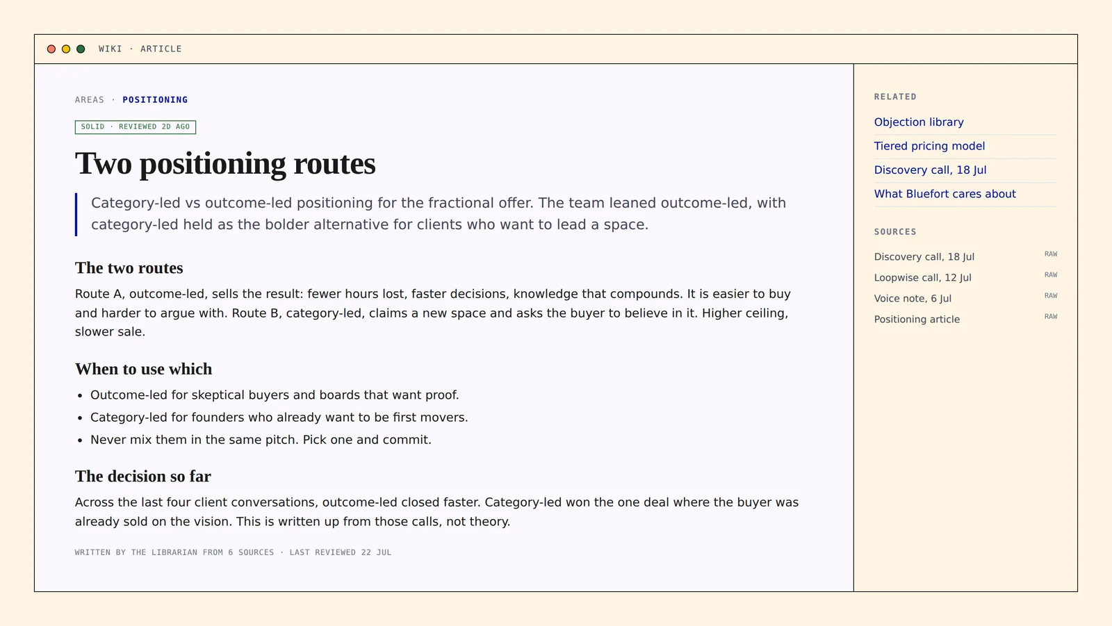 Wiki article written by the AI from six sources, comparing two positioning routes with related notes linked alongside.